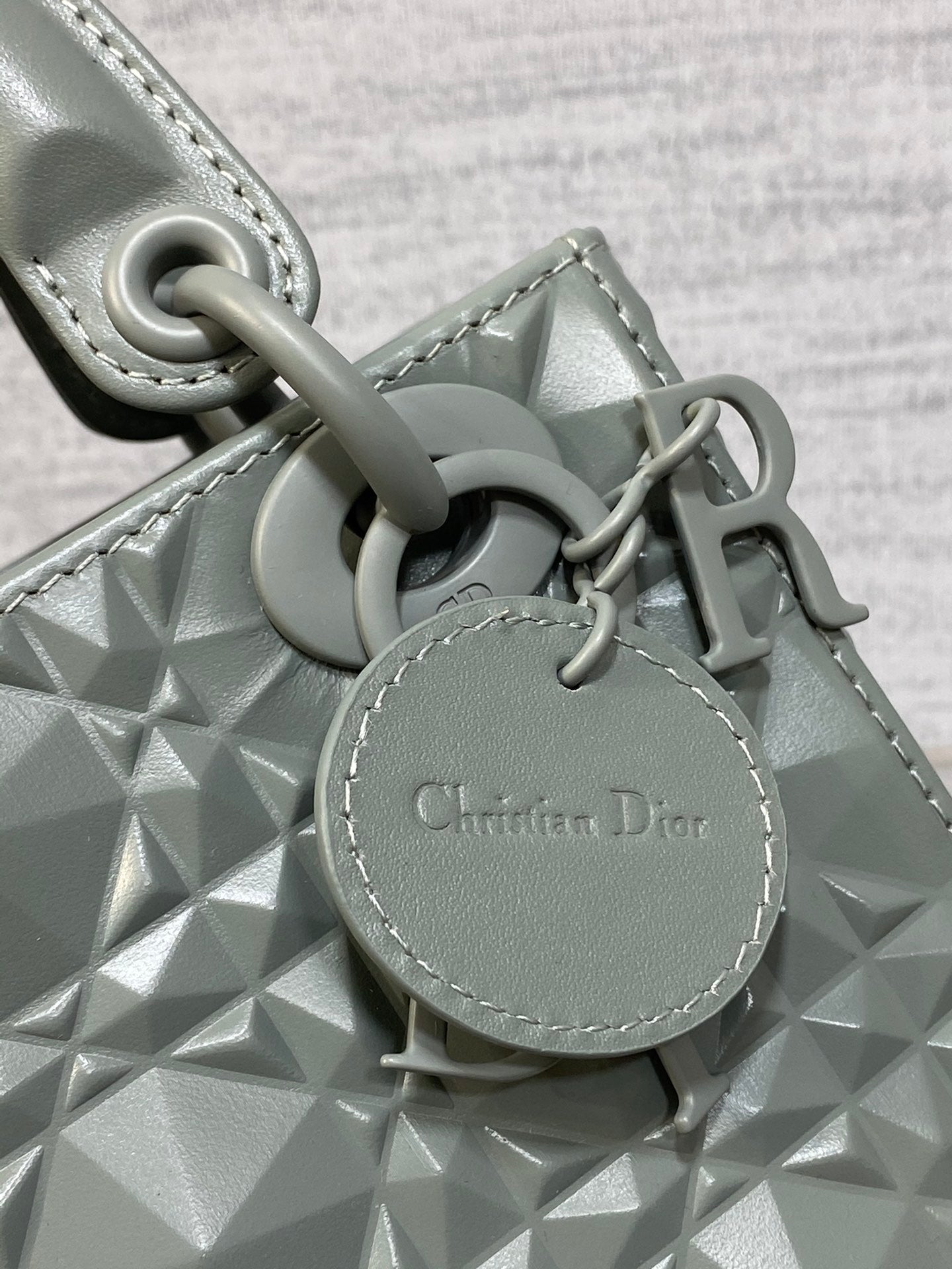 DO Mini Lady Bag  Stone Gray Diamond Pattern Calfskin