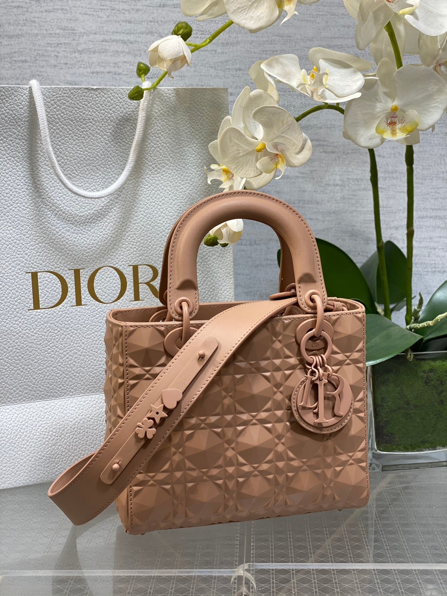 DO Mini Lady Bag  Matte Pink Diamond Pattern Calfskin