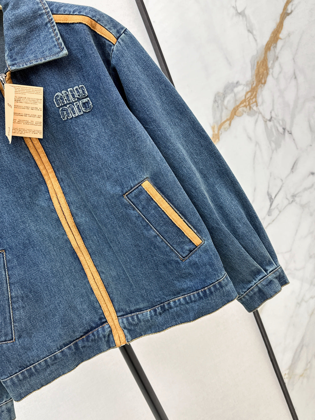 Miu New Leather patchwork denim jacket