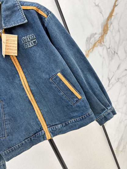 Miu New Leather patchwork denim jacket