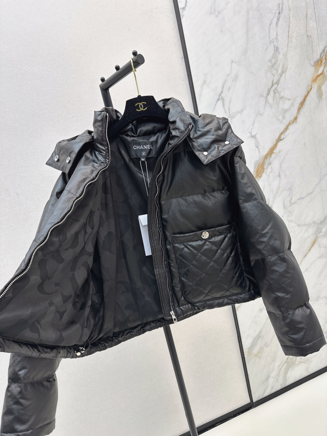 Chan New Patent leather hooded down jacket